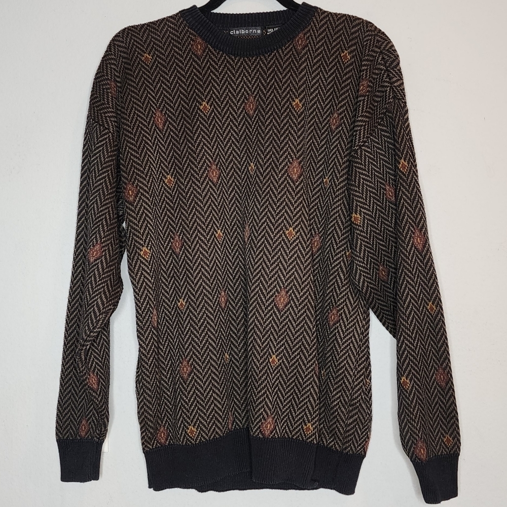 Vintage Claiborne 100% Cotton Crewneck Sweater Navy Tan Chevron Size Small